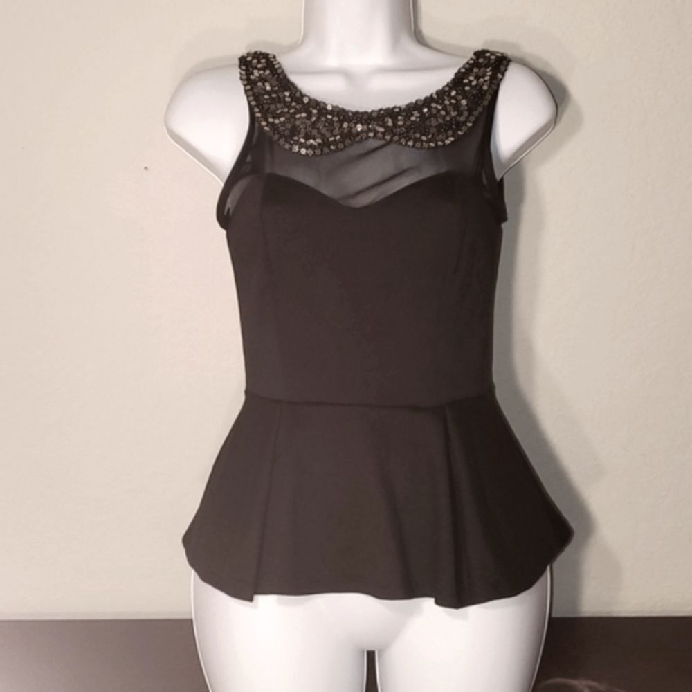 A’gaci Black Peplum Top Size Small - Sheer Mesh Neckline & Sequin Embellished